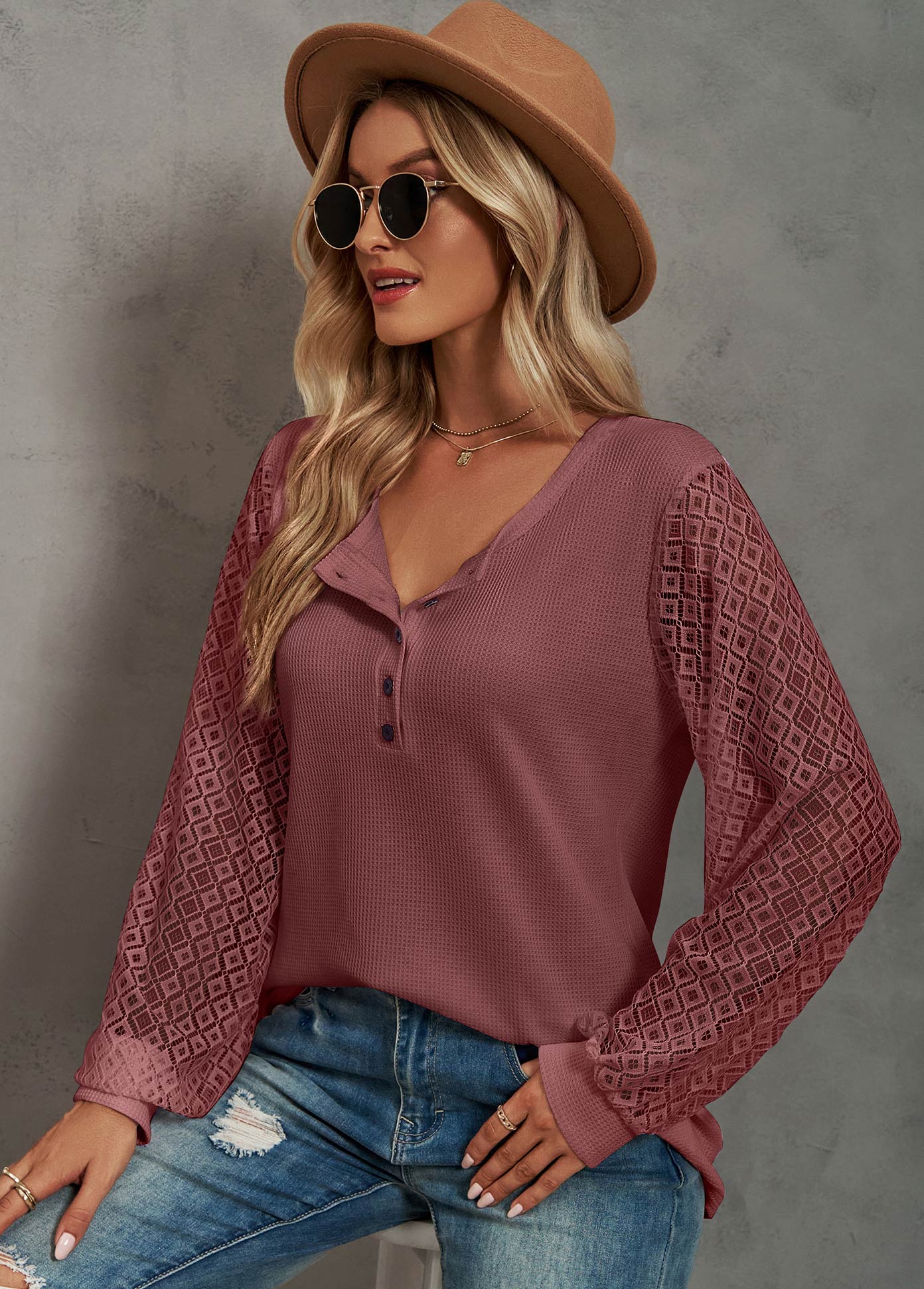 Deep Red tops,Plain Color tops,Lace Deep Red Round Neck T Shirt