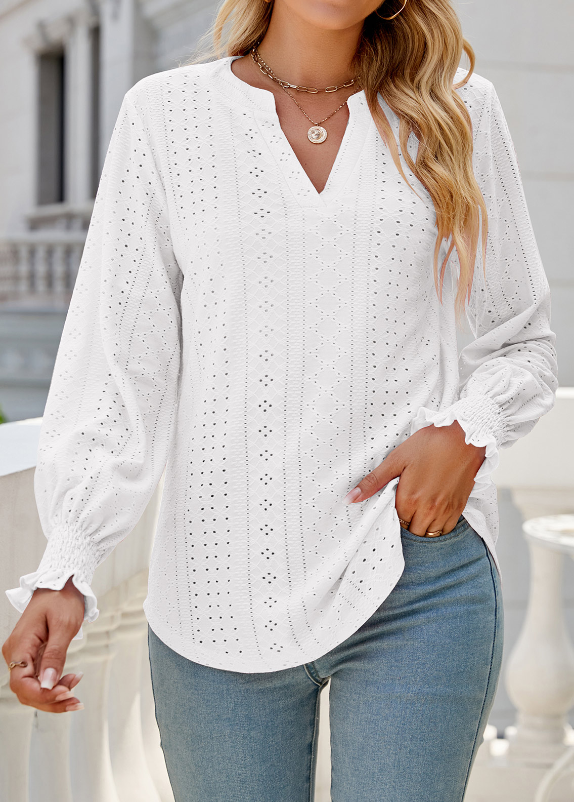 Breathable White Split Neck Long Sleeve Blouse