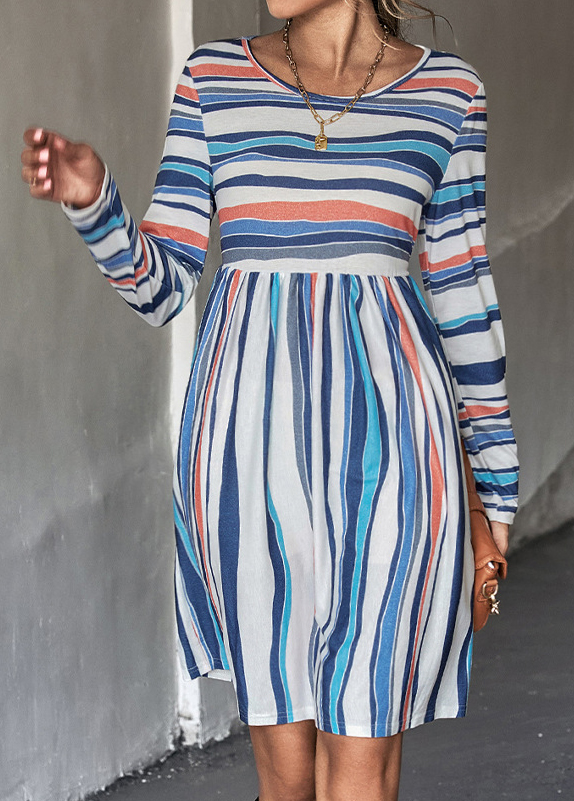 Multi Color dresses,Striped dresses,Geometric dresses,Striped Multi Color Round Neck Dress