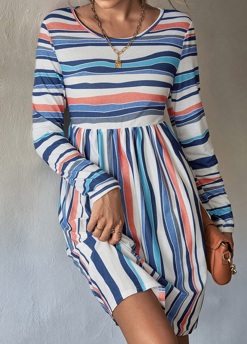 Multi Color dresses,Striped dresses,Geometric dresses,Striped Multi Color Round Neck Dress