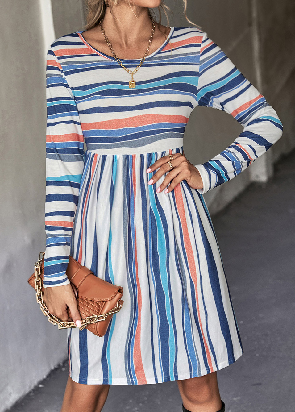 Multi Color dresses,Striped dresses,Geometric dresses,Striped Multi Color Round Neck Dress