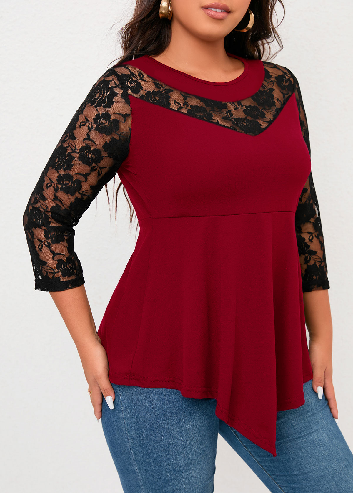Wine Red plus size,Contrast Color plus size,Plus Size Lace Wine Red T Shirt