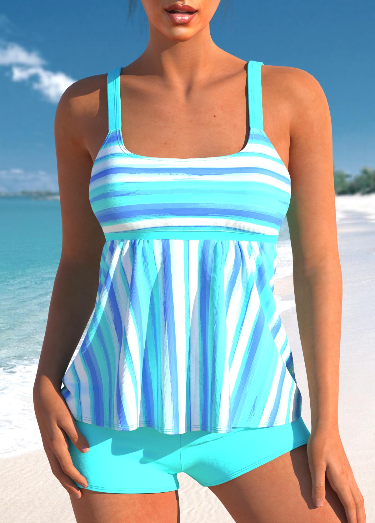 ROTITA Cyan Wide Strap Striped Tankini Top-No Bottom