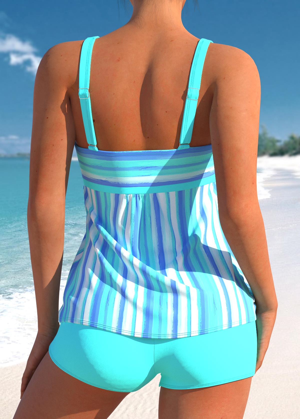 Cyan swimwear,White swimwear,Striped swimwear,ROTITA Cyan Wide Strap Striped Tankini Top