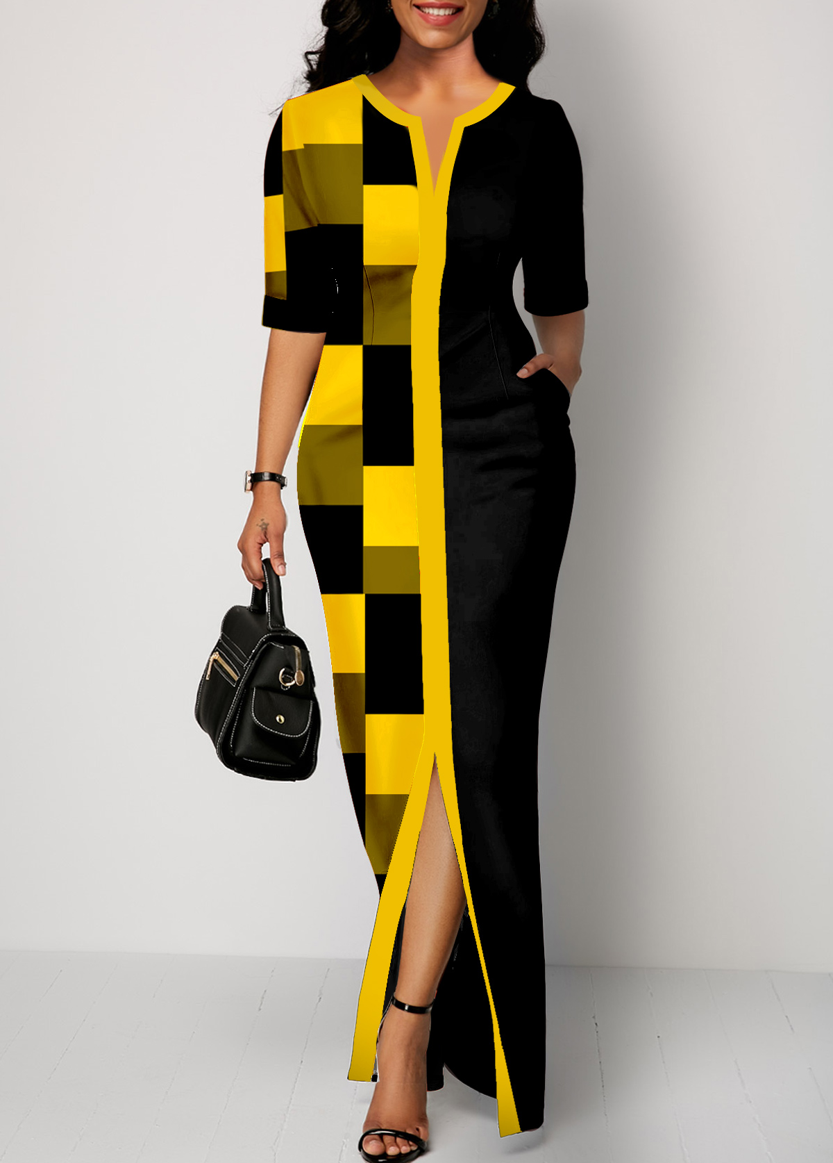 ROTITA Patchwork Geometric Print Yellow Maxi Dress