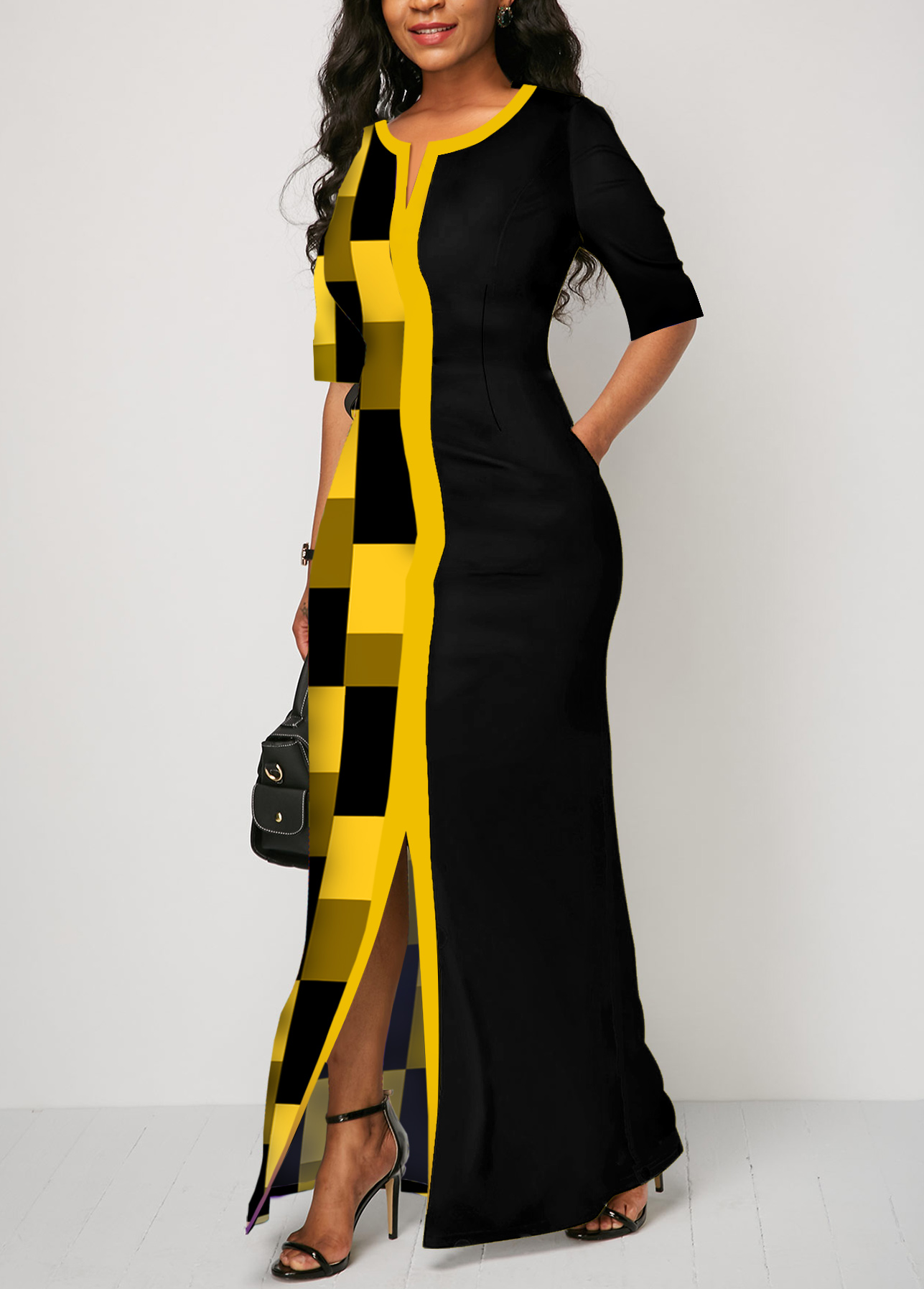 Yellow dresses,Black dresses,Geometric dresses,ROTITA Patchwork Geometric Print Yellow Maxi Dress
