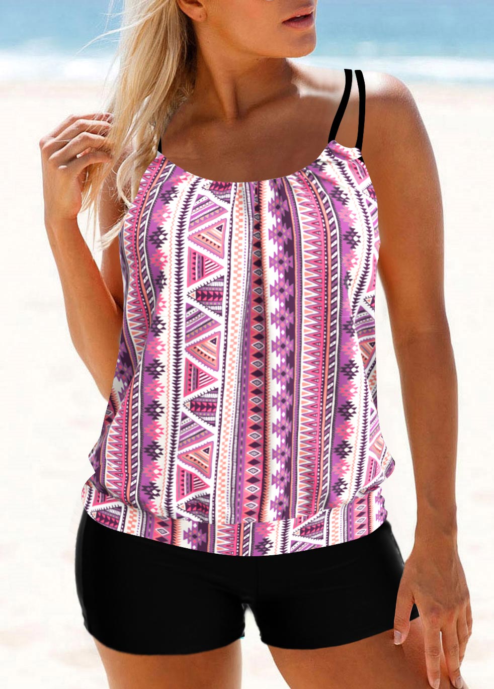 ROTITA Light Pink Geometric Print Tankini Top-No Bottom