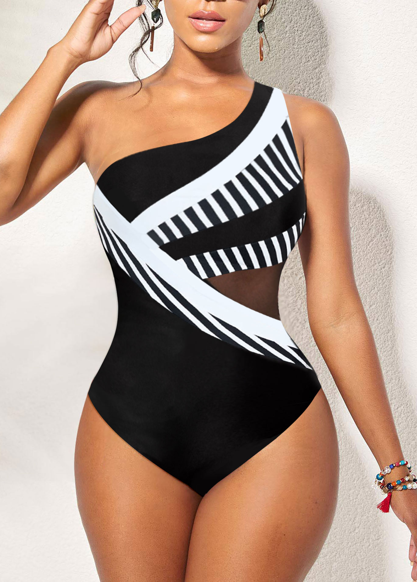 Black swimwear,White swimwear,Striped swimwear,Geometric swimwear,ROTITA Patchwork Black Striped One Piece Swimwear