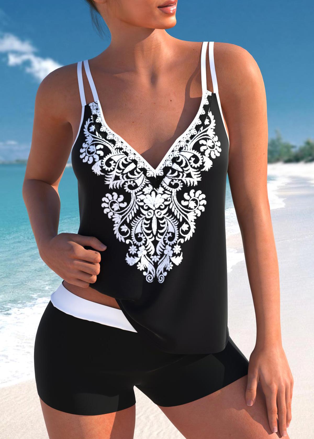 ROTITA Black Double Straps Tribal Print Tankini Top-No Bottom