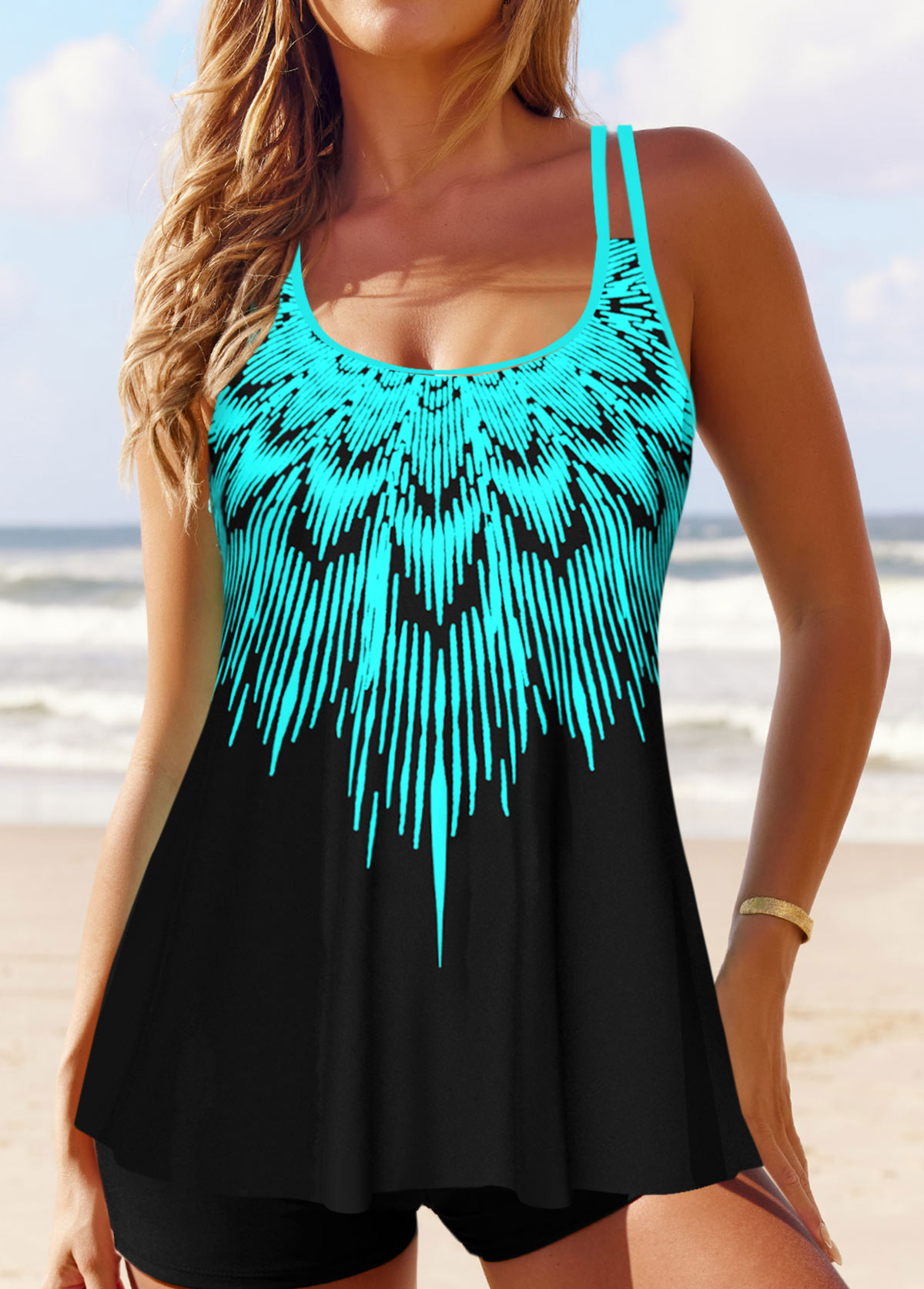 Cyan swimwear,Ombre swimwear,ROTITA Cyan Double Straps Ombre Tankini Top
