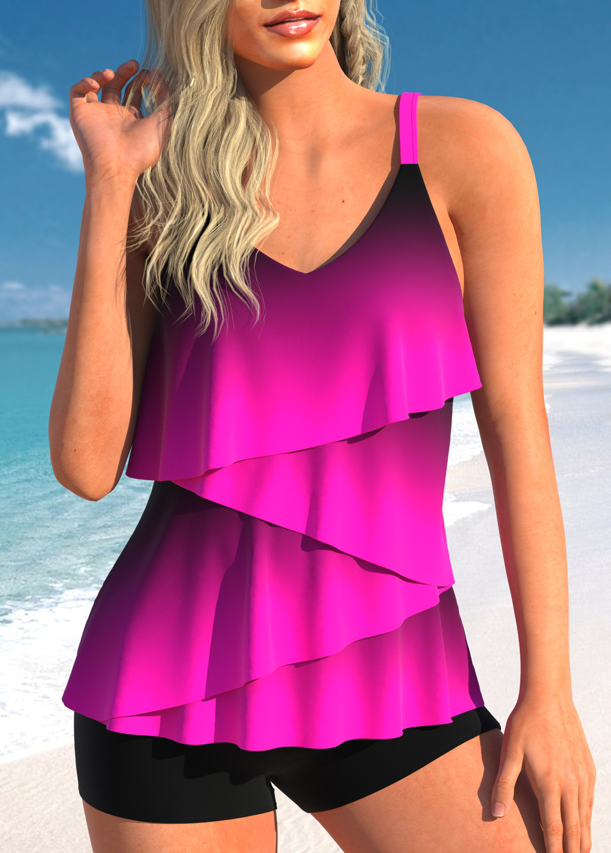 Rotita Asymmetry Neon Rose Red Ombre Tankini-Oberteil-Kein Boden