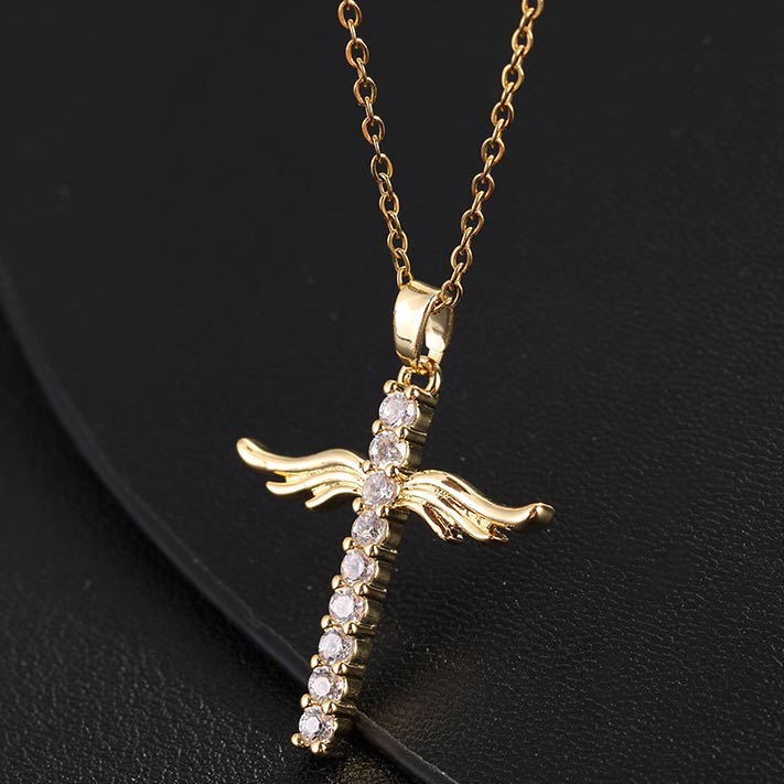 Cross Detail Gold Rhinestone Design Necklace