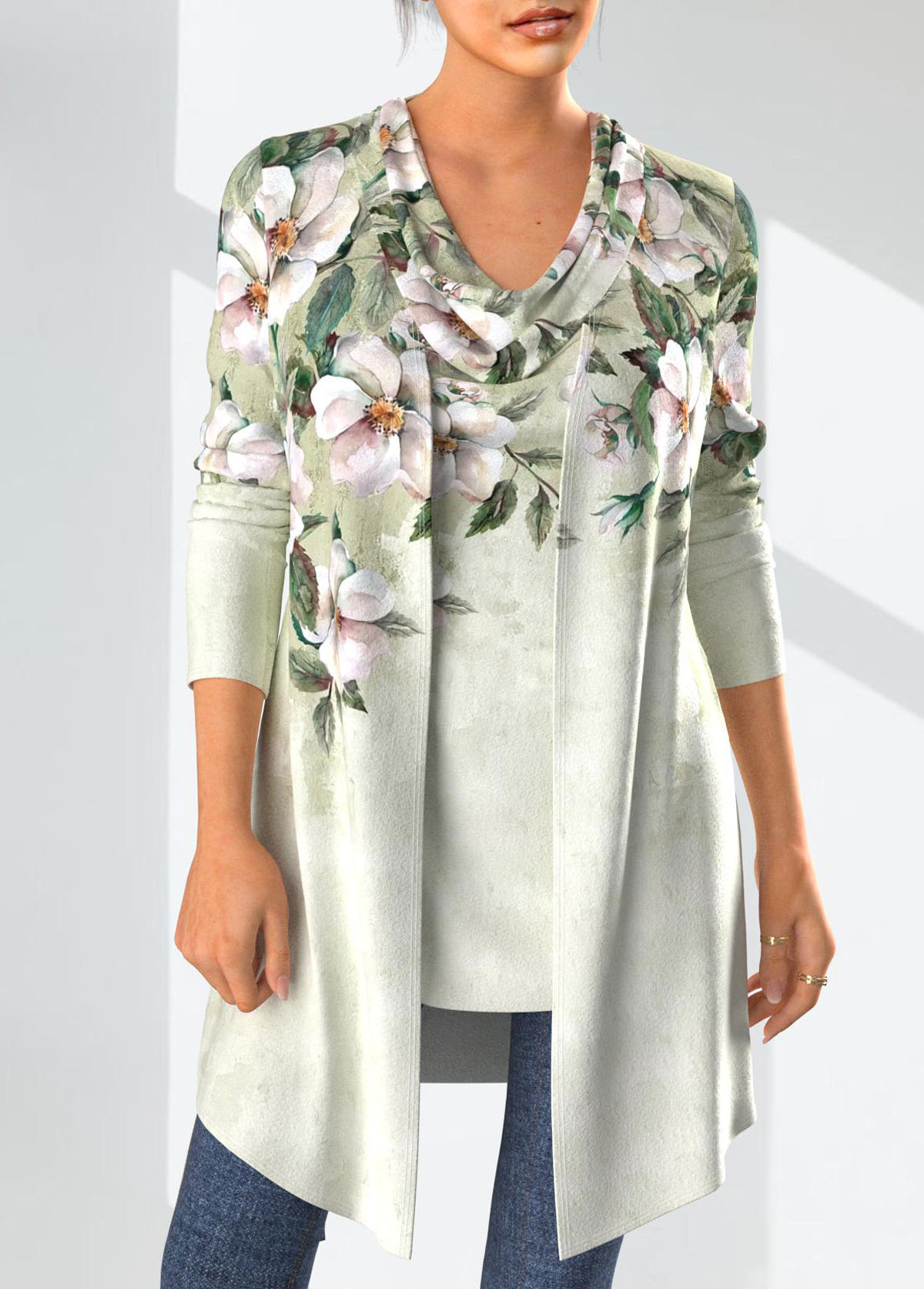 ROTITA Cardigan et débardeur à col drapé vert sauge à imprimé floral