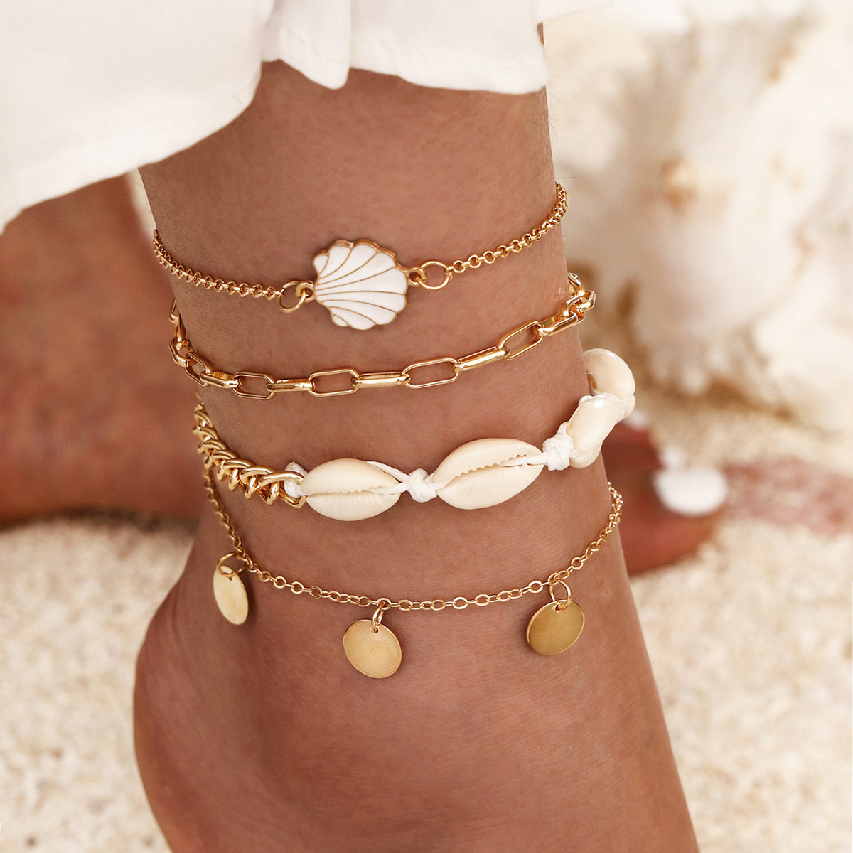 Golden jewelry,Other jewelry,Metal Detail Shell Design Golden Anklet Set