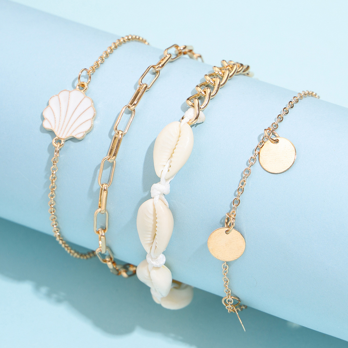 Golden jewelry,Other jewelry,Metal Detail Shell Design Golden Anklet Set