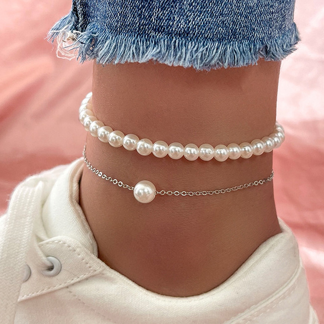 Round Pearl Design Layered Silver Anklet Set