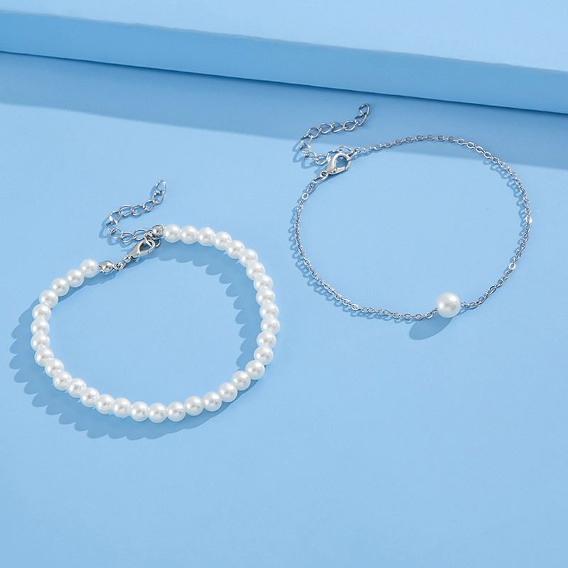 Silver jewelry,Other jewelry,Round Pearl Design Layered Silver Anklet Set