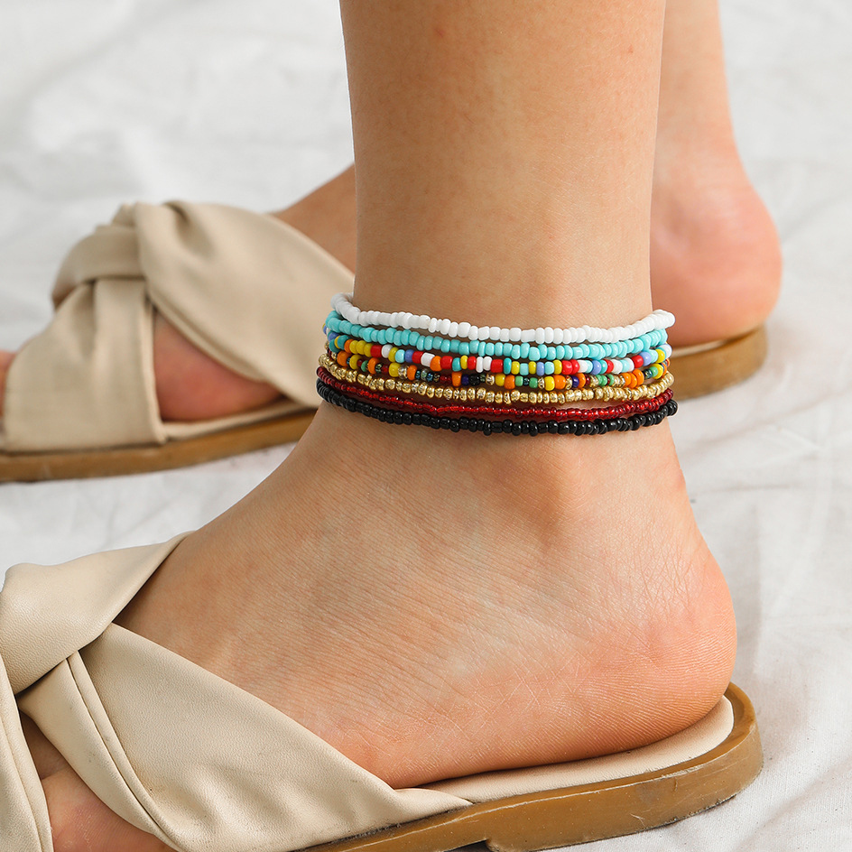 Beads Detail Multi Color Layered Design Anklet Set