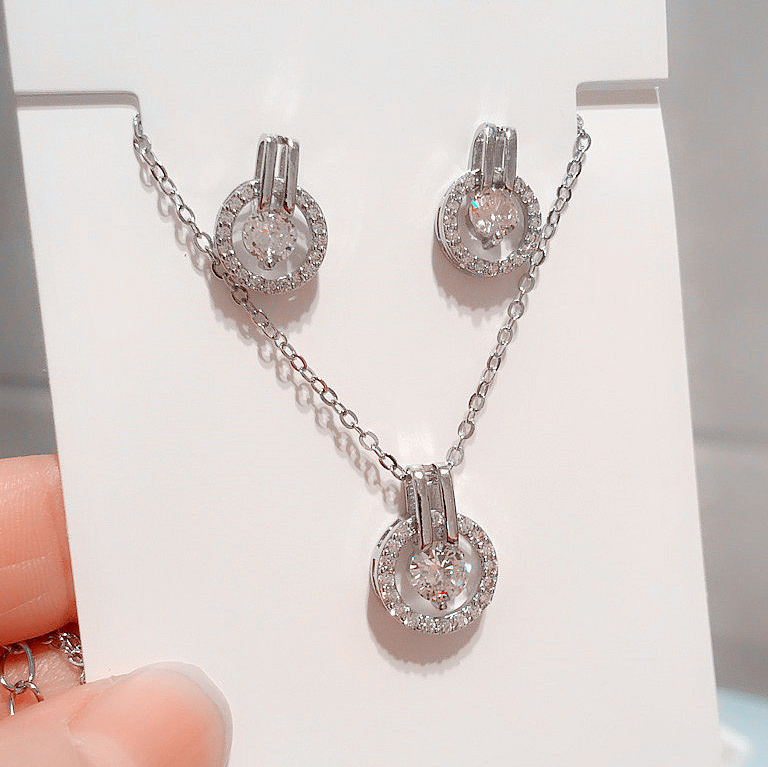 Silver Zircon Round Earrings and Necklace