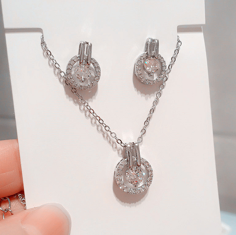 Silver jewelry,Other jewelry,Silver Zircon Round Earrings and Necklace