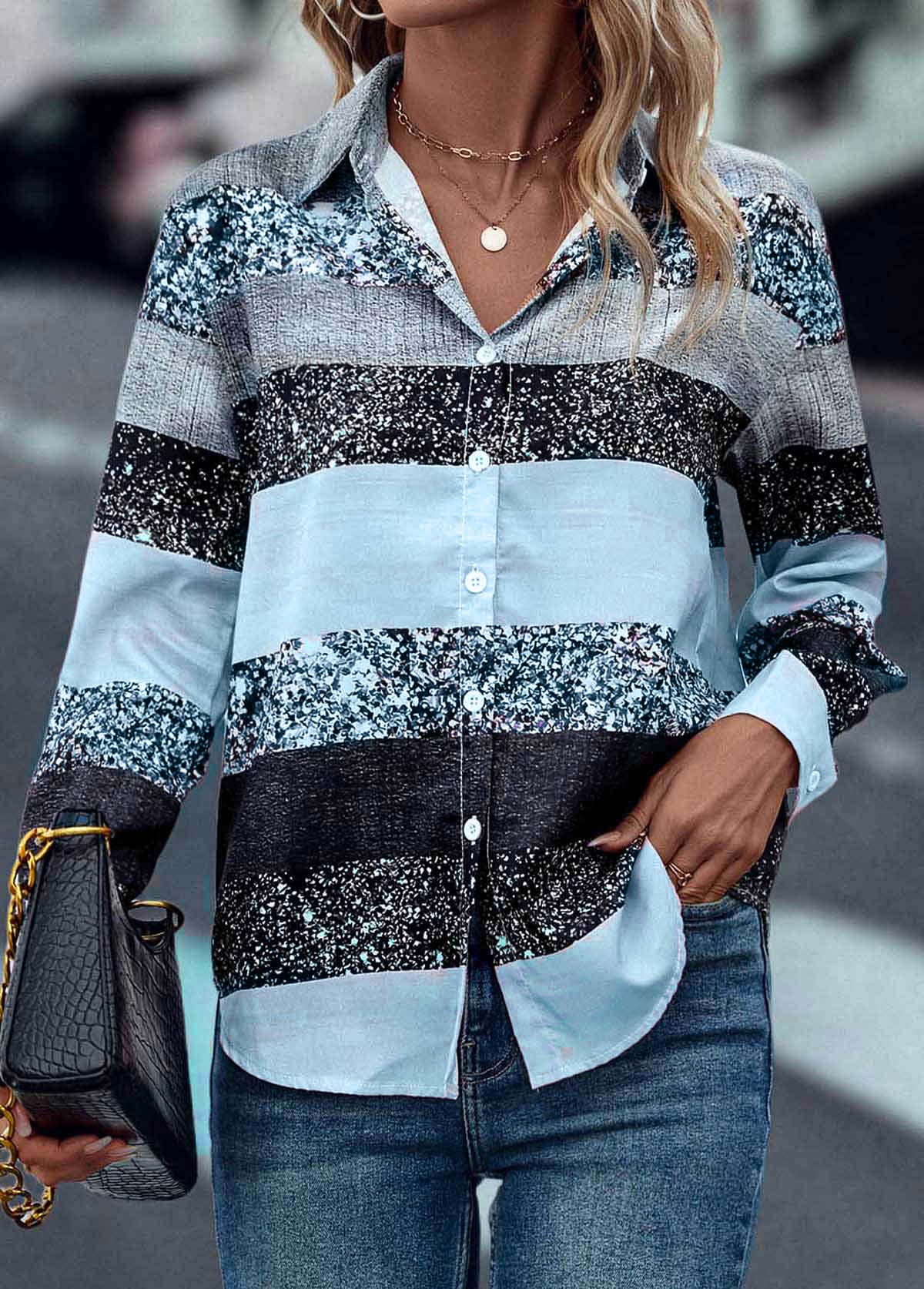 Light Blue tops,Contrast Color tops,Button Light Blue Shirt Collar Long Sleeve Blouse