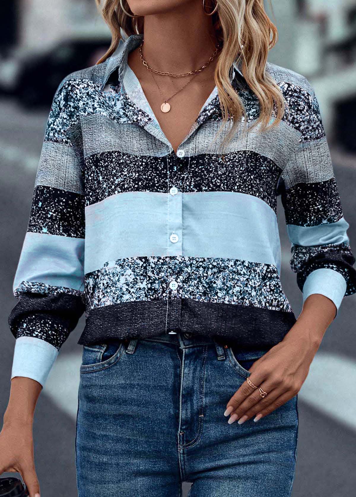 Light Blue tops,Contrast Color tops,Button Light Blue Shirt Collar Long Sleeve Blouse