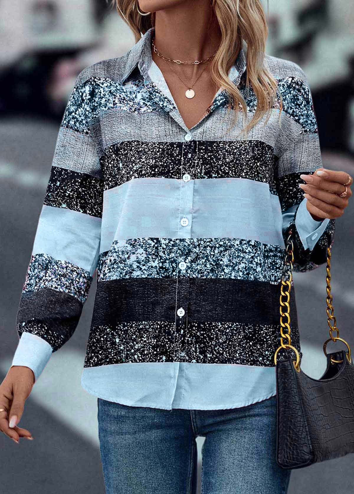 Light Blue tops,Contrast Color tops,Button Light Blue Shirt Collar Long Sleeve Blouse