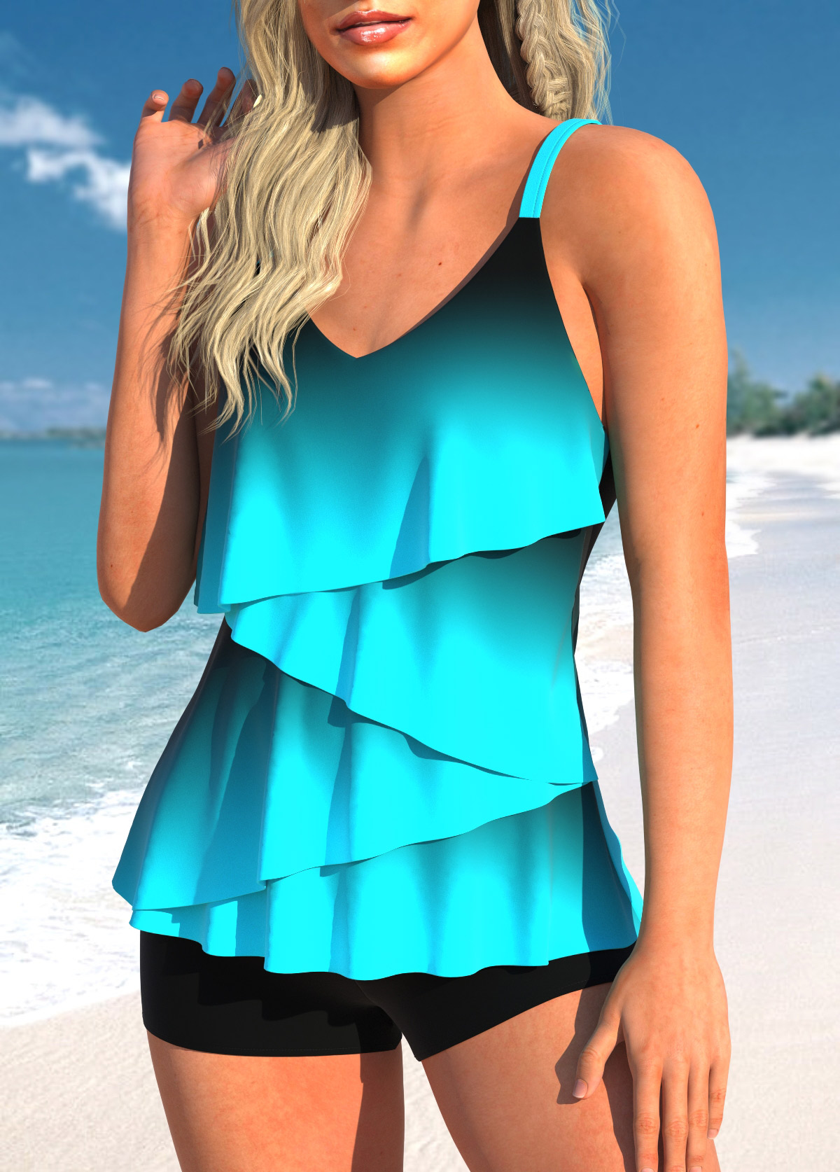 Cyan swimwear,Ombre swimwear,ROTITA Layered Hem Cyan Ombre Tankini Top