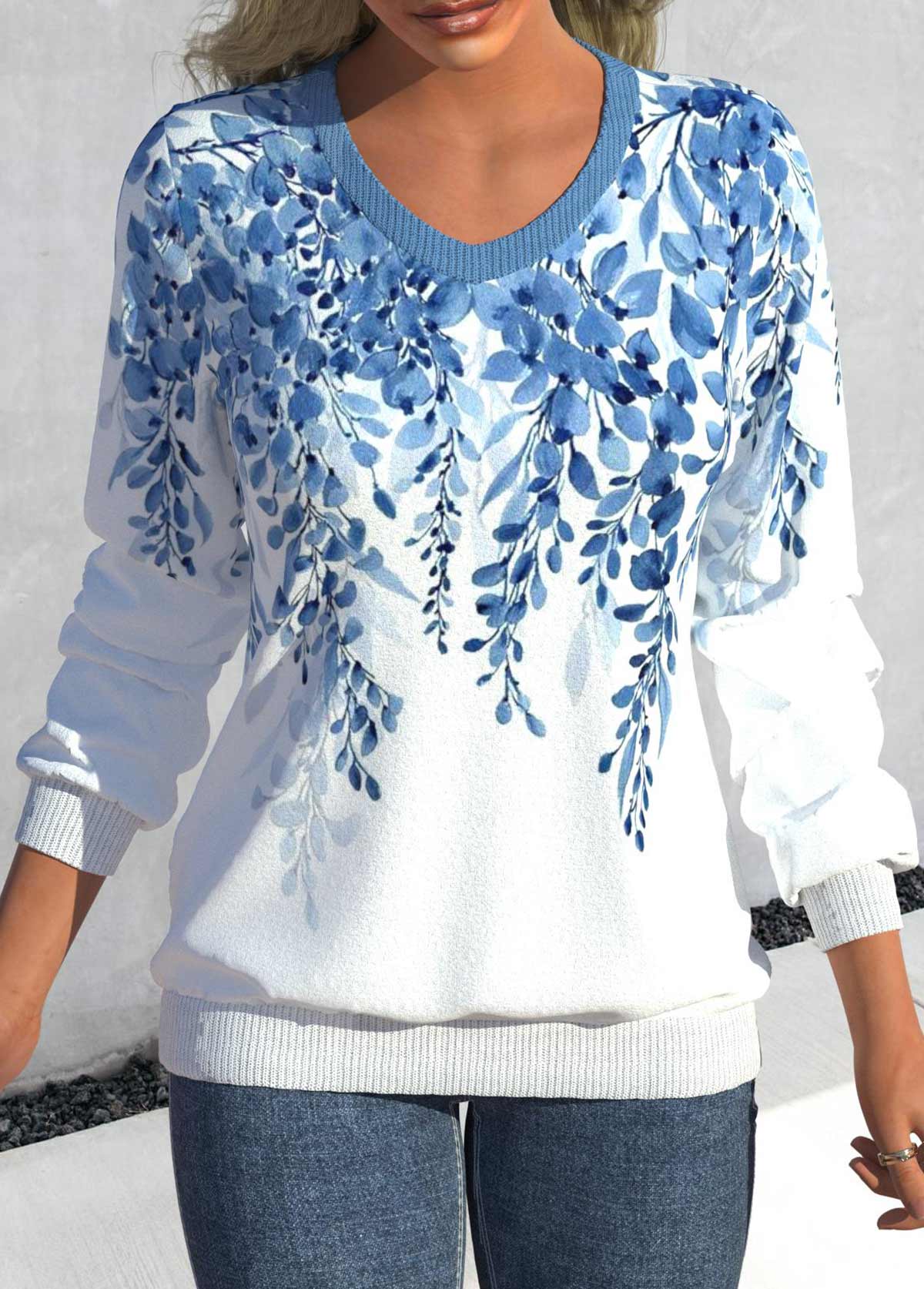 Light Blue tops,Plants tops,Ombre tops,ROTITA Leaf Print Light Blue V Neck Sweatshirt