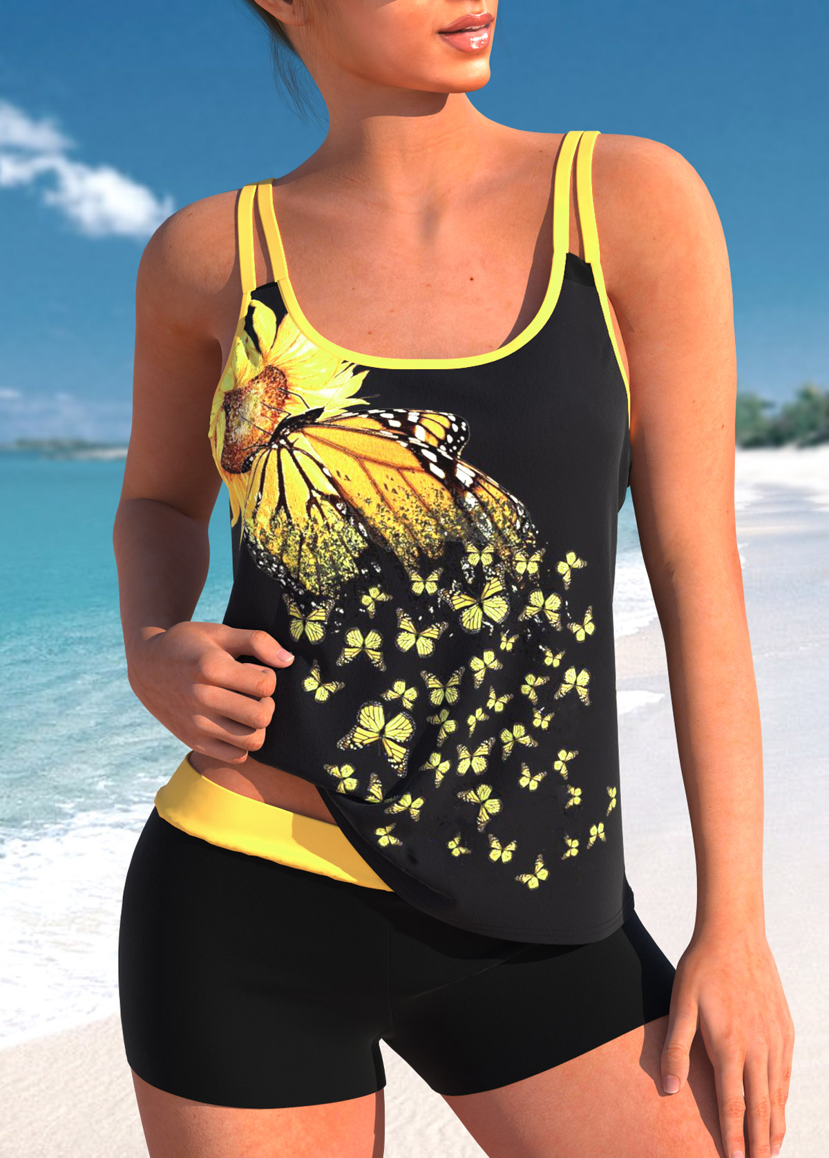 Yellow swimwear,Black swimwear,Plants swimwear,Floral swimwear,Animal Print swimwear,ROTITA Contrast Binding Yellow Sunflower Print Tankini Top