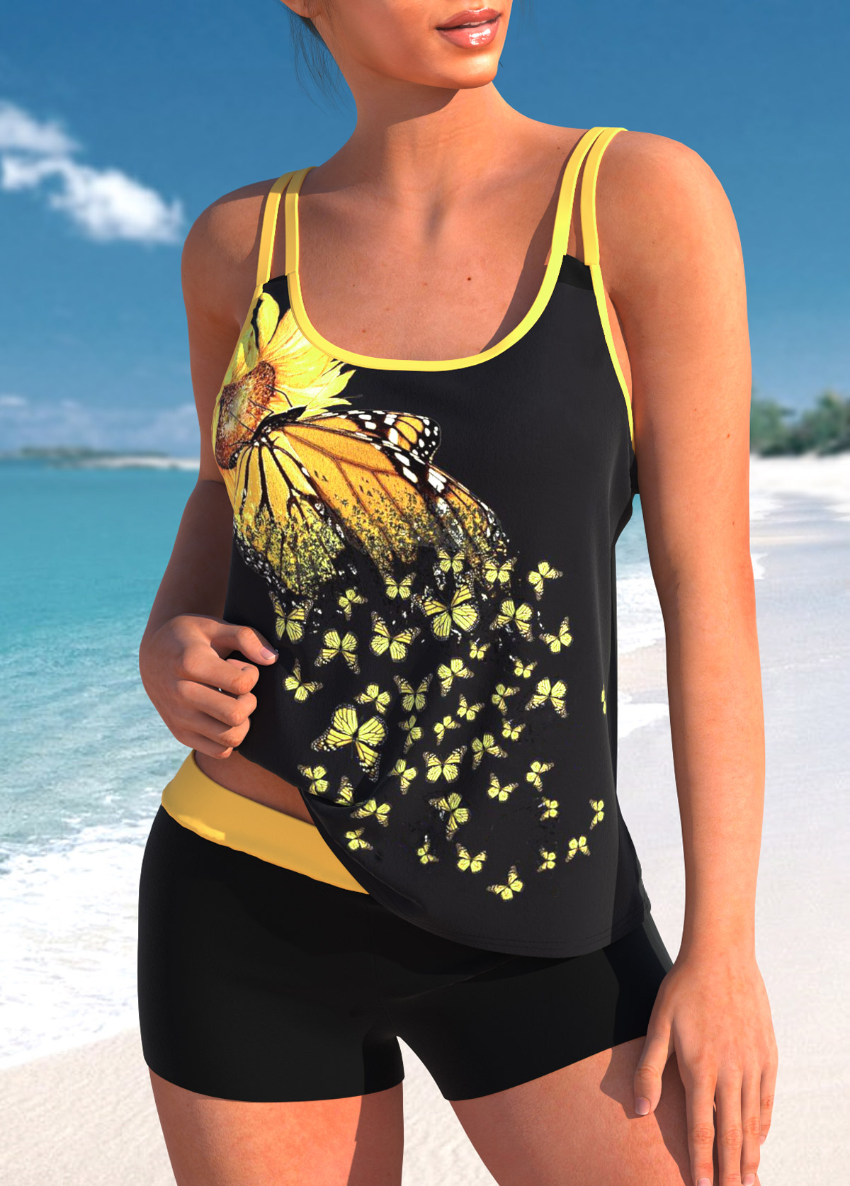 Yellow swimwear,Black swimwear,Plants swimwear,Floral swimwear,Animal Print swimwear,ROTITA Contrast Binding Yellow Sunflower Print Tankini Top