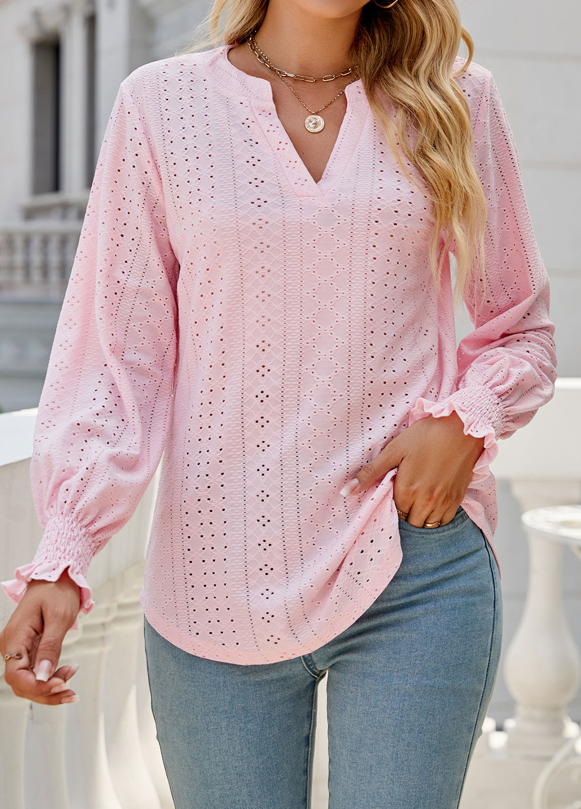 Breathable Light Pink Split Neck Long Sleeve Blouse