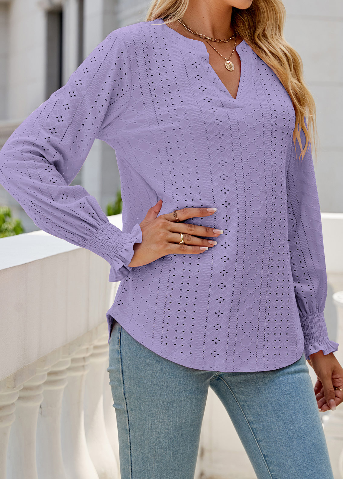 Neon Violet tops,Plain Color tops,Breathable Neon Violet Split Neck Long Sleeve Blouse