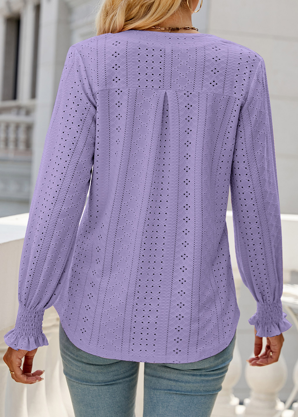 Neon Violet tops,Plain Color tops,Breathable Neon Violet Split Neck Long Sleeve Blouse