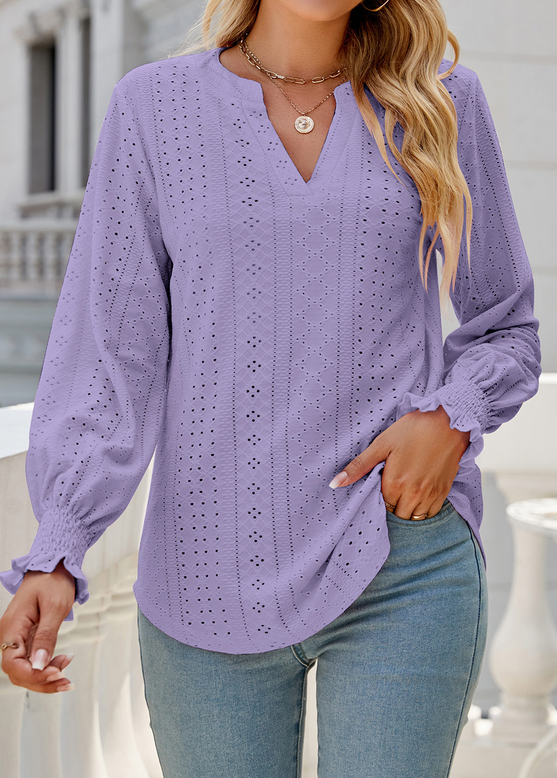 Neon Violet tops,Plain Color tops,Breathable Neon Violet Split Neck Long Sleeve Blouse