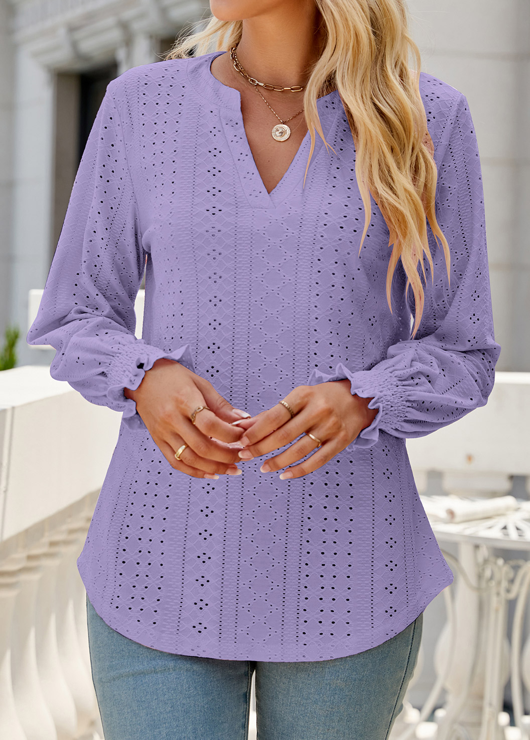 Neon Violet tops,Plain Color tops,Breathable Neon Violet Split Neck Long Sleeve Blouse