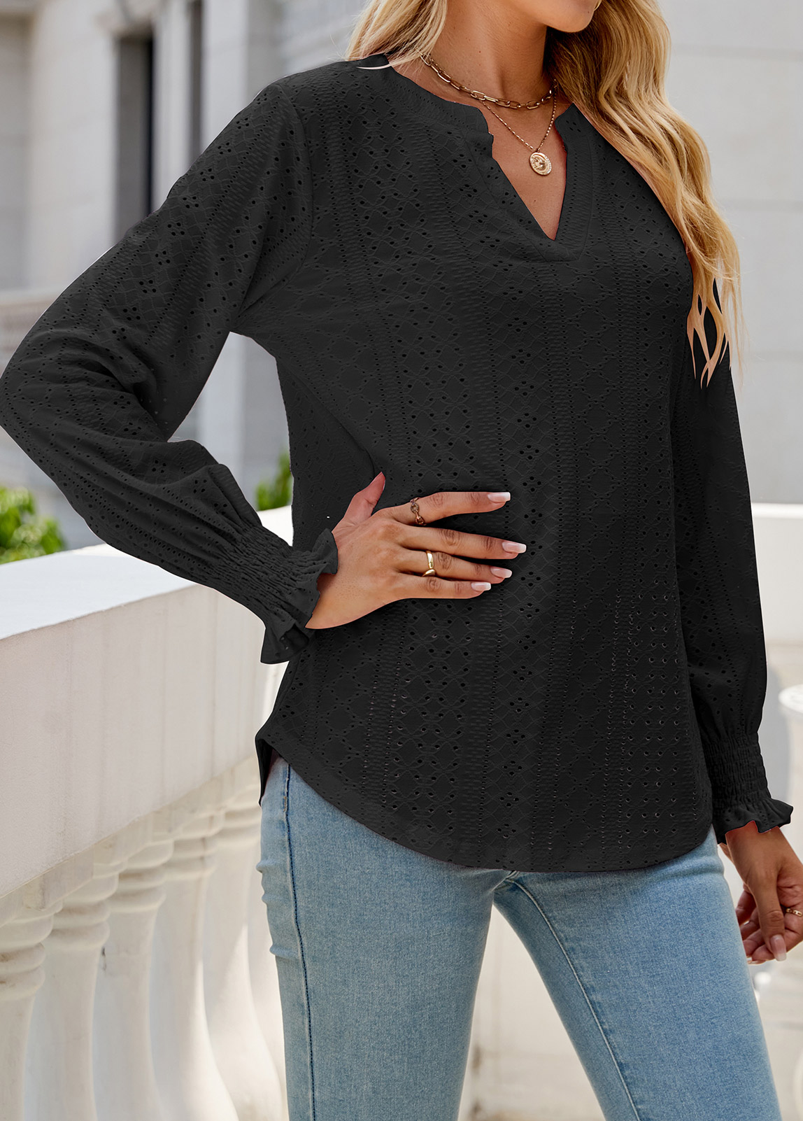 Black tops,Plain Color tops,Breathable Black Split Neck Long Sleeve Blouse