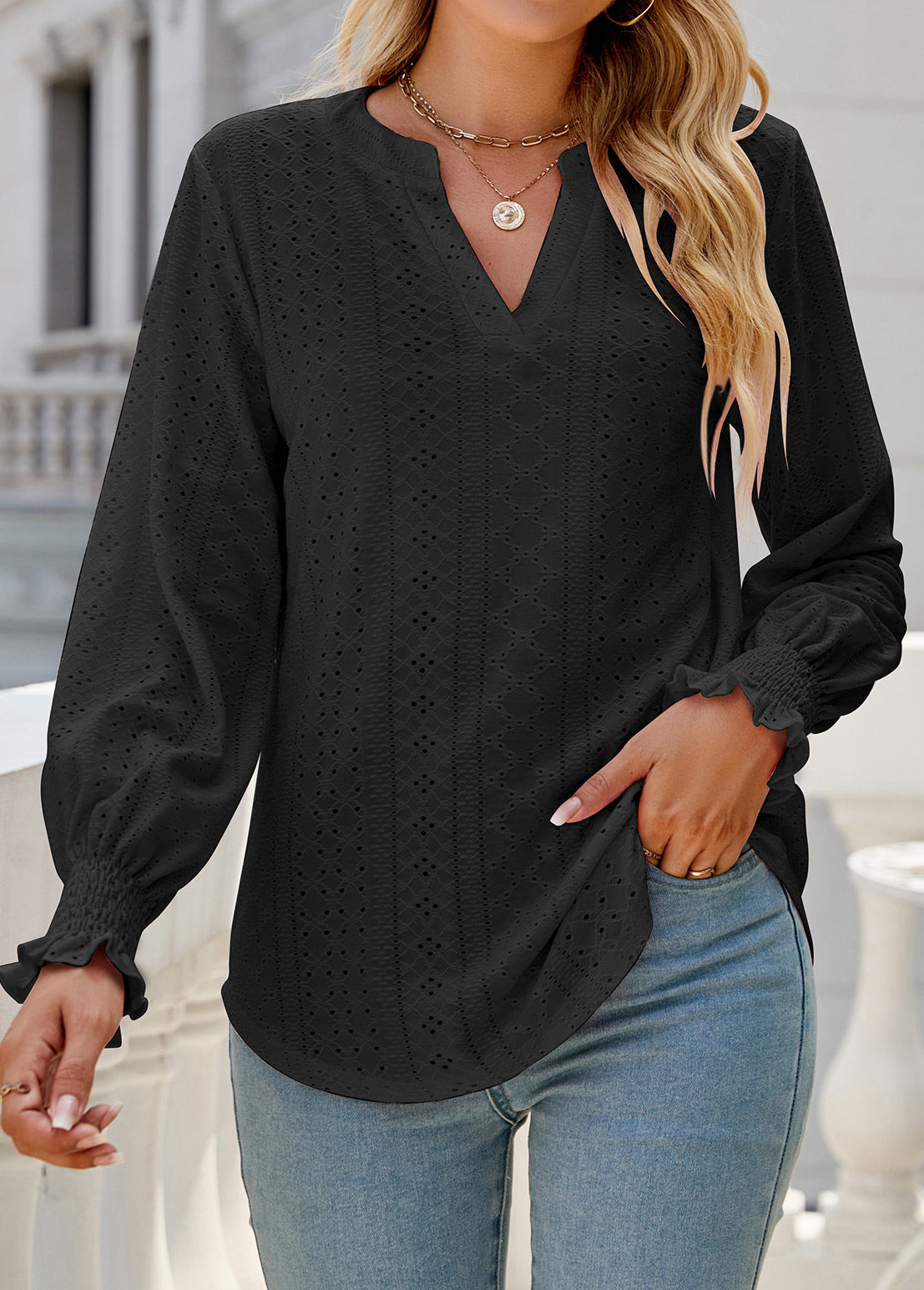 Black tops,Plain Color tops,Breathable Black Split Neck Long Sleeve Blouse