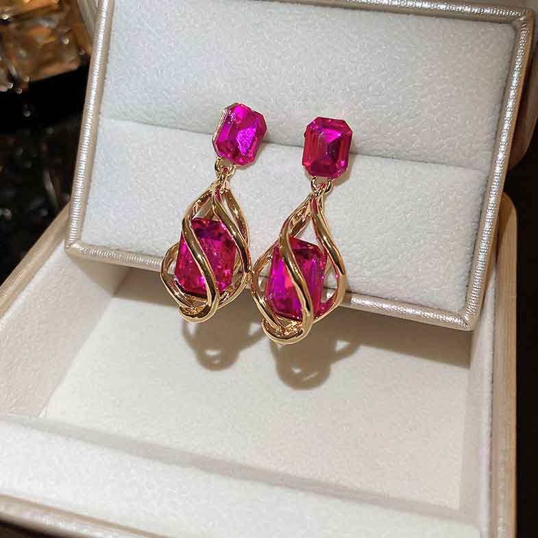 Artificial Zircon Design Hot Pink Earrings