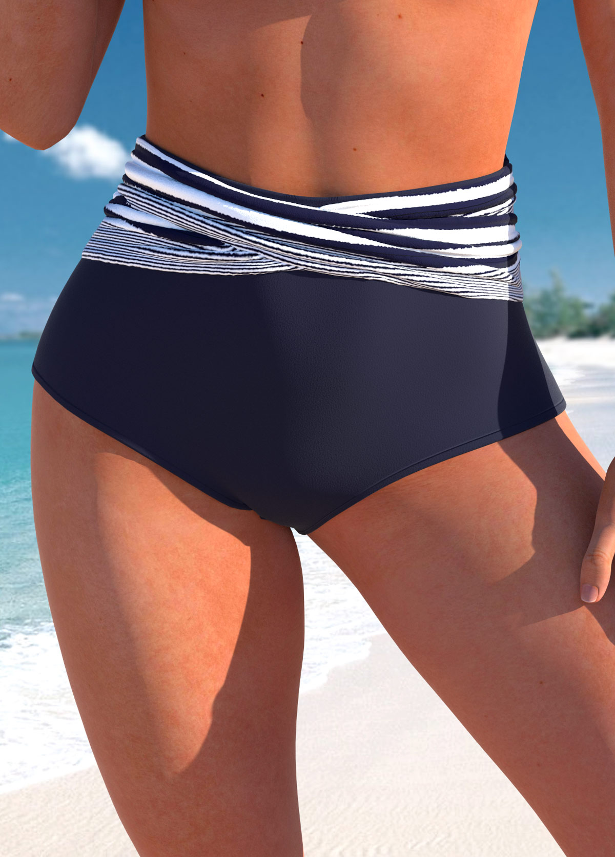 Marineblau gestreiftes Bikiniunterteil mit hoher Taille von Rotita
