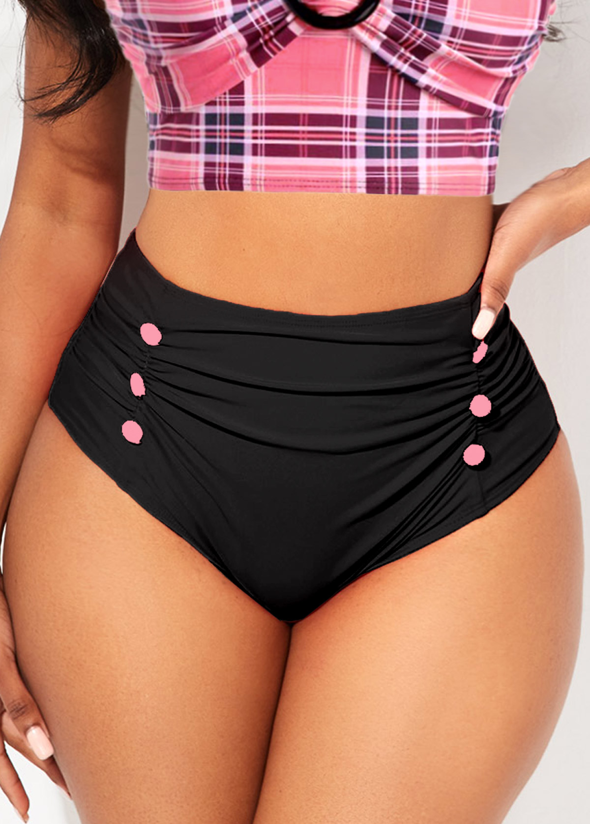 Pink swimwear,Plaid swimwear,Striped swimwear,Geometric swimwear,ROTITA Double Straps Pink Plaid Bikini Top