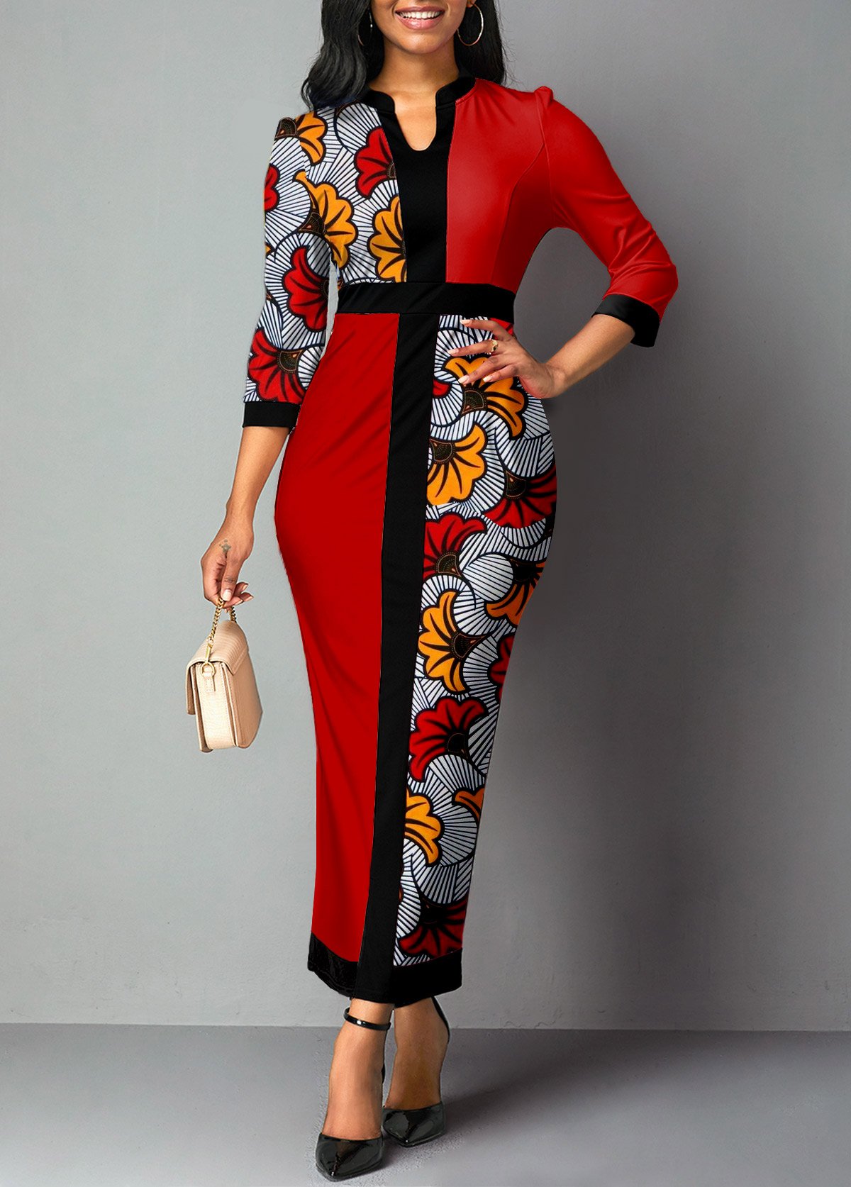 Red dresses,Black dresses,Tribal dresses,Striped dresses,Plants dresses,ROTITA Patchwork African Tribal Print Red Maxi Dress