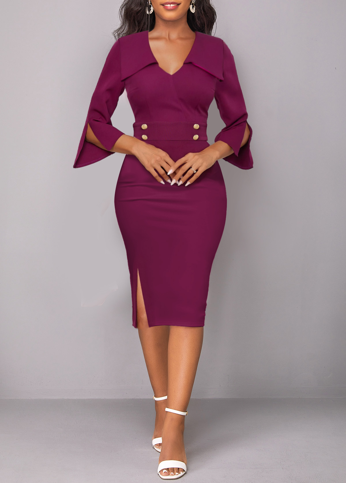 Dark Reddish Purple dresses,Plain Color dresses,ROTITA Split Dark Reddish Purple Bodycon Dress
