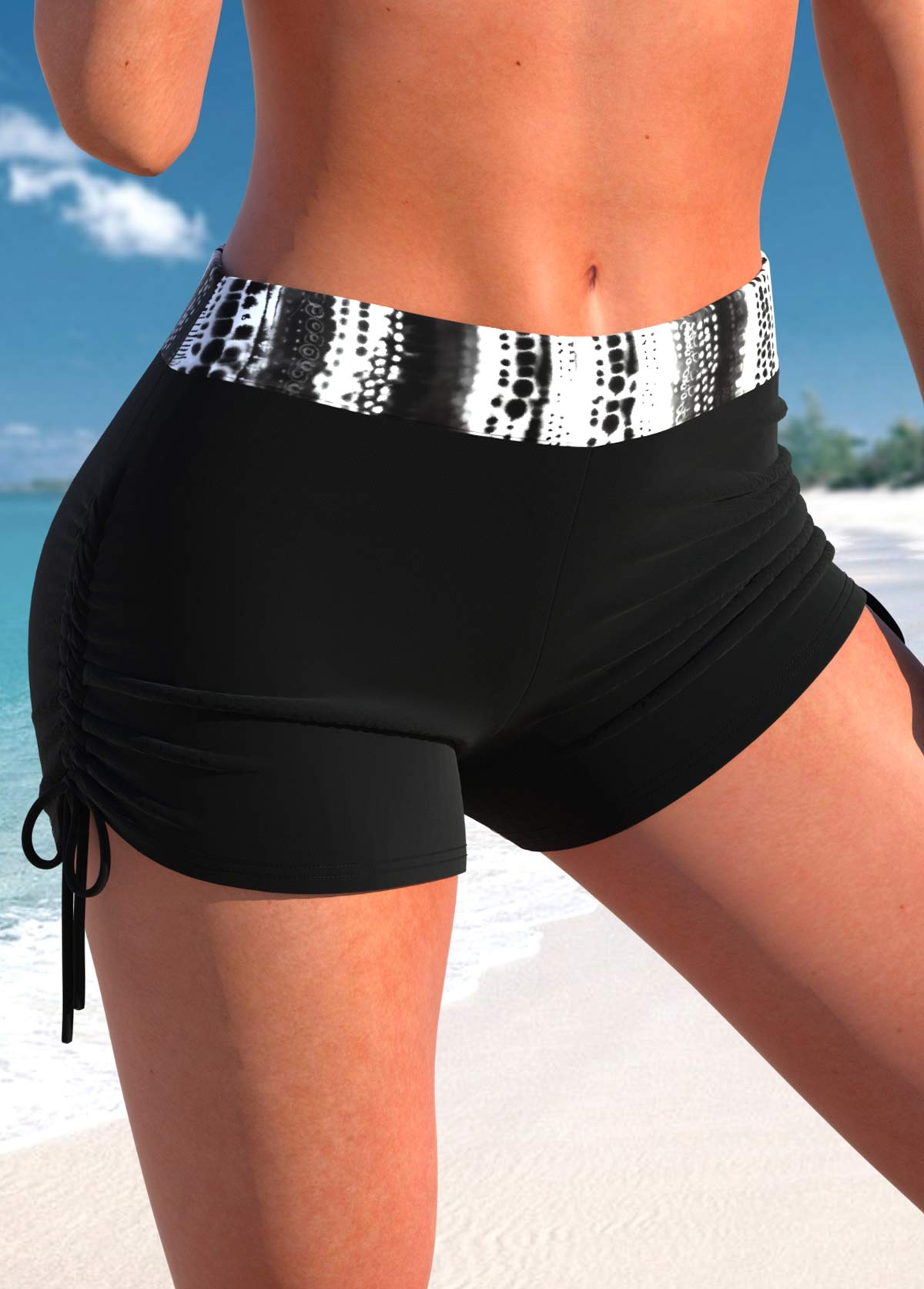 Black swimwear,Tie Dye swimwear,ROTITA Black Tie Dye Print Mid Waisted Swim Shorts