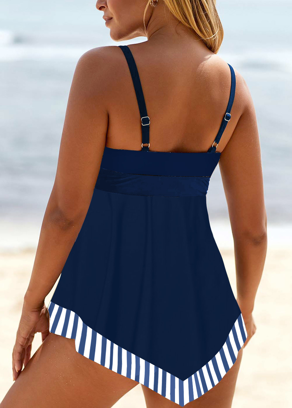 Navy swimwear,Striped swimwear,ROTITA Lace Up Navy Striped Swimdress Top