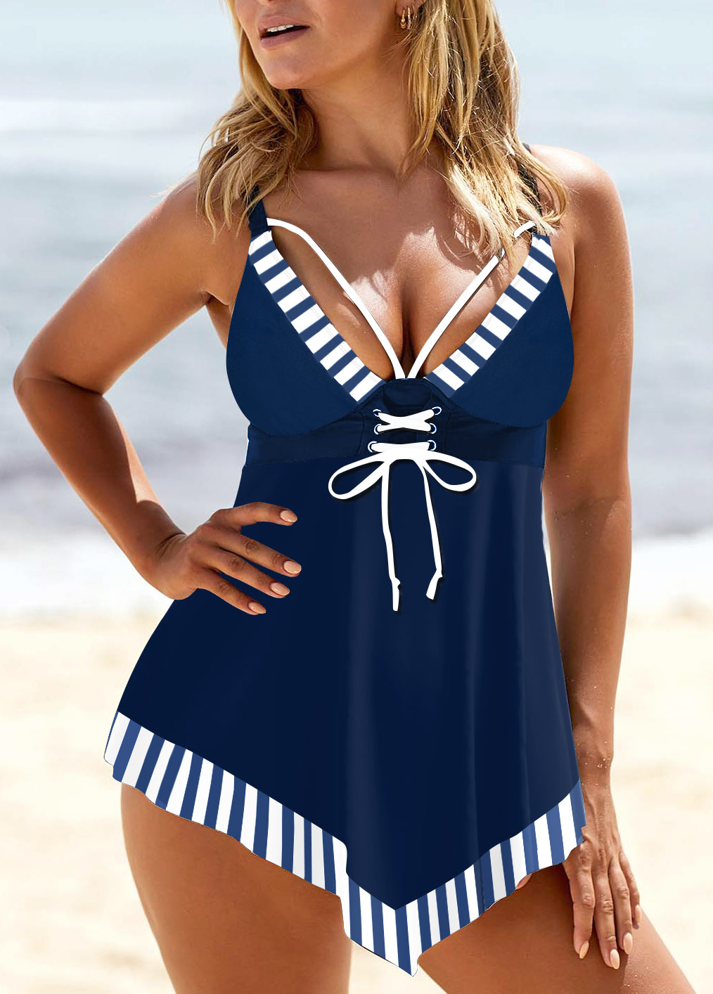 Navy swimwear,Striped swimwear,ROTITA Lace Up Navy Striped Swimdress Top