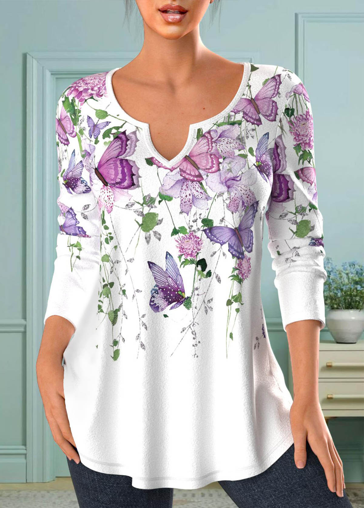 ROTITA Split Floral Print White Long Sleeve T Shirt