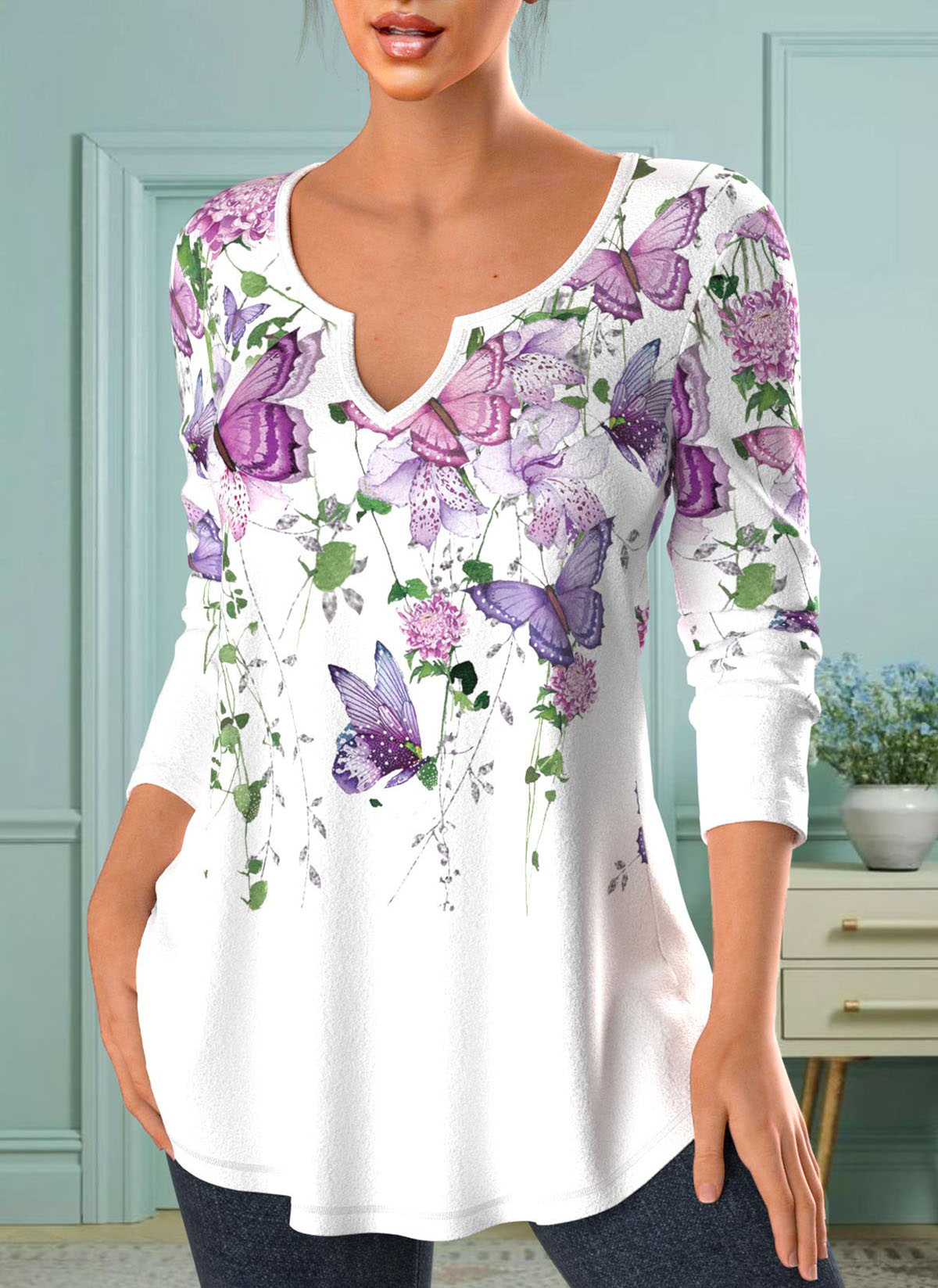 White tops,Floral tops,Animal Print tops,ROTITA Split Floral Print White Long Sleeve T Shirt