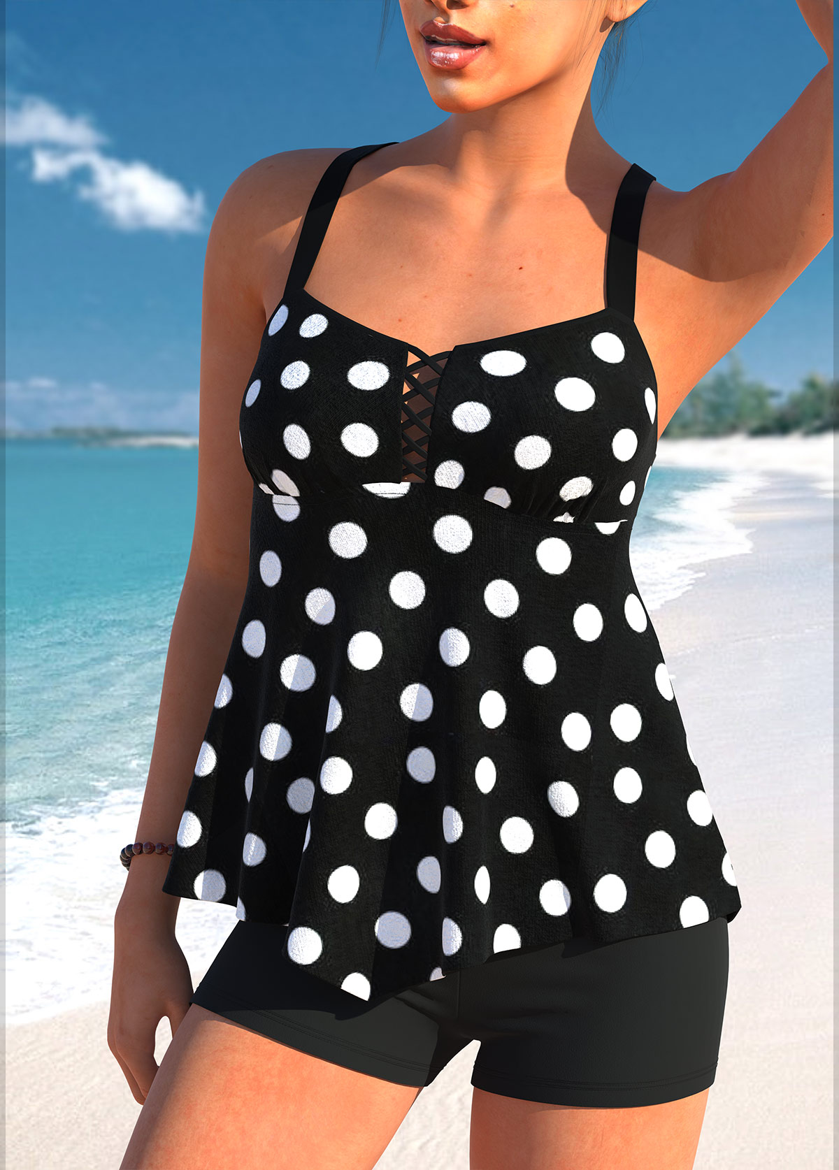 Black swimwear,Dot swimwear,ROTITA Handkerchief Hem Black Polka Dot Tankini Top