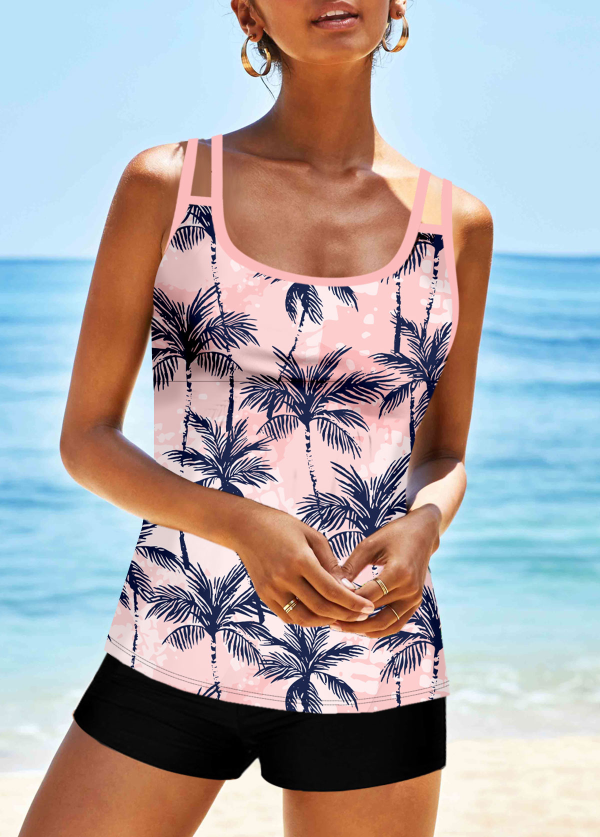Pink swimwear,Plants swimwear,ROTITA Pink Tropical Plants Print Tankini Top